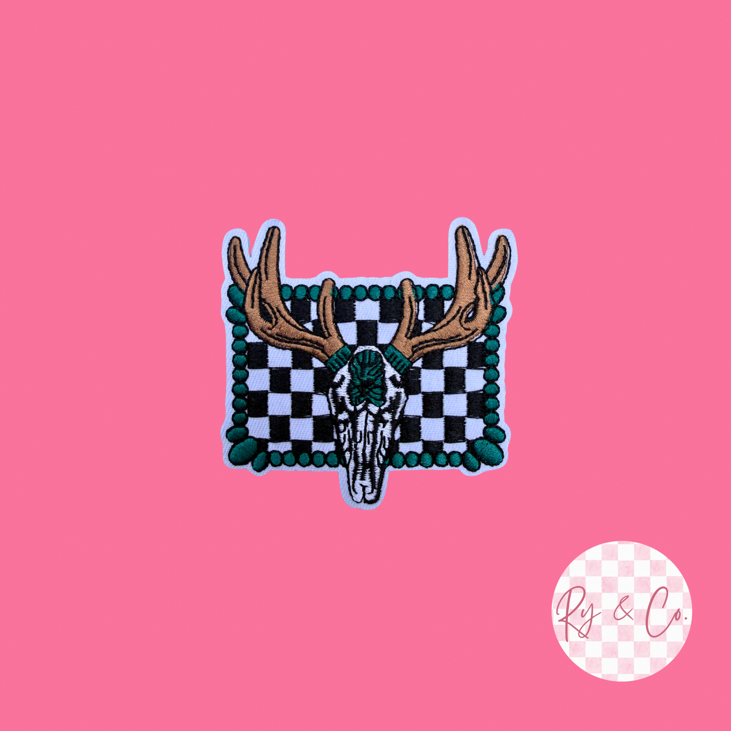 Checkered Buck Skull-Embroidered Hat Patch