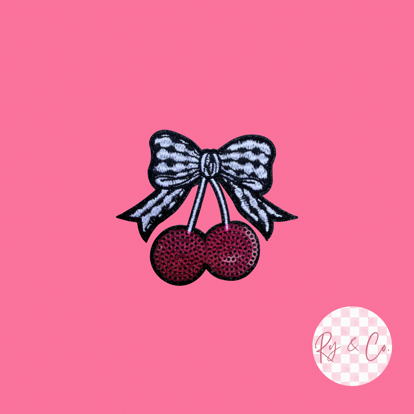 Checkered Bow Cherry -Embroidered Hat Patch