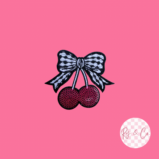 Checkered Bow Cherry -Embroidered Hat Patch