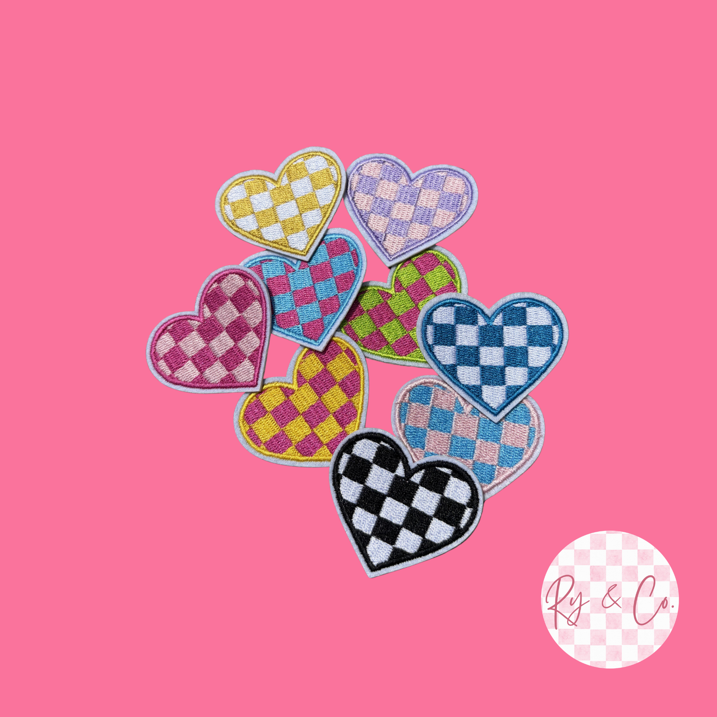 Checkered Hearts -Embroidered Hat Patch